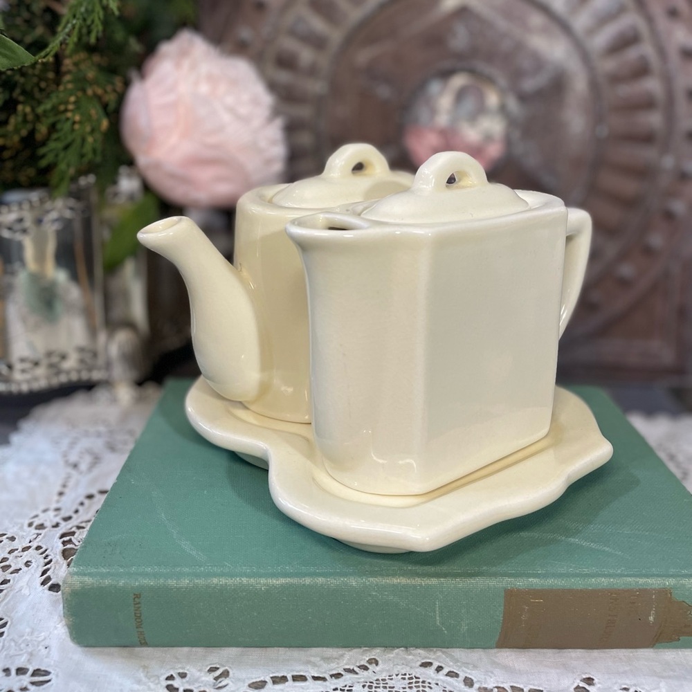 Restoration Hardware ceramic mini teapots creamer pitcher tray French Country